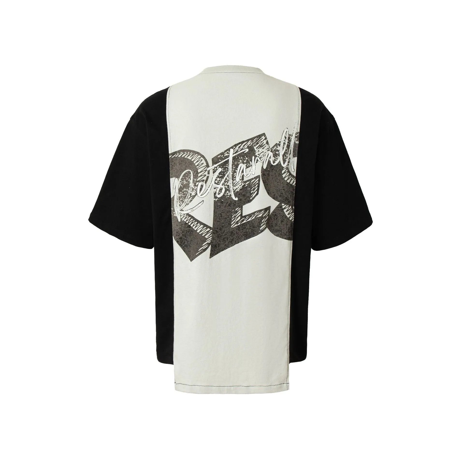 Men's loose fit black and white deconstruction print cotton blend t-shirt on hanger.