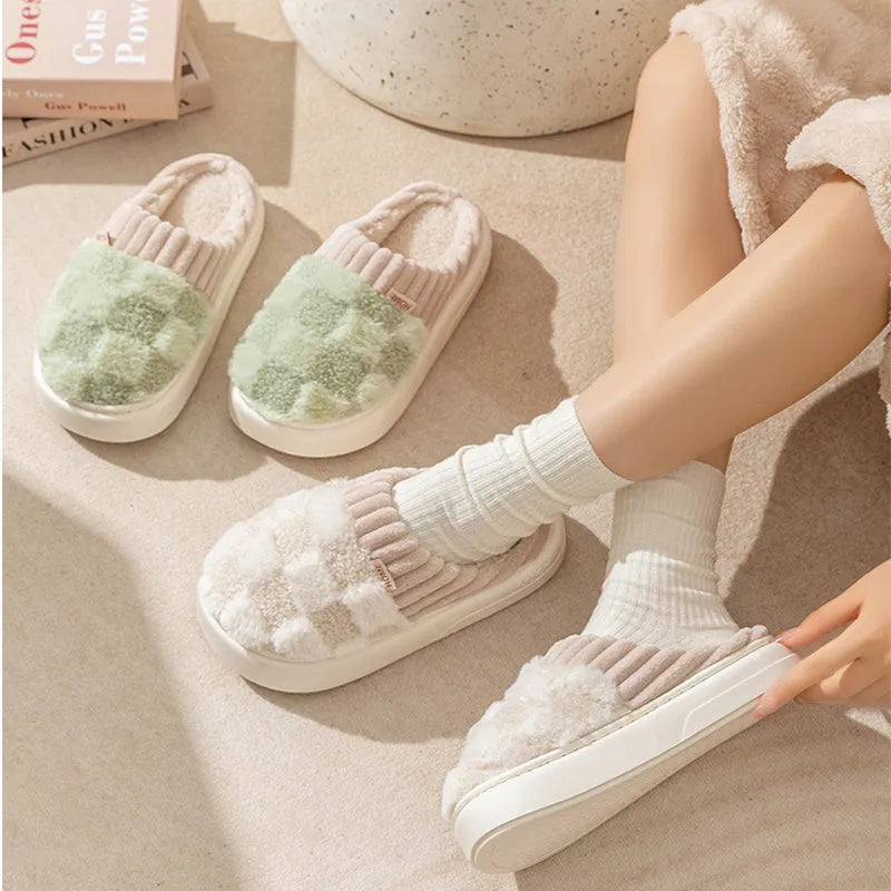 Women's plaid plush slippers with anti-slip PVC sole and round toe design