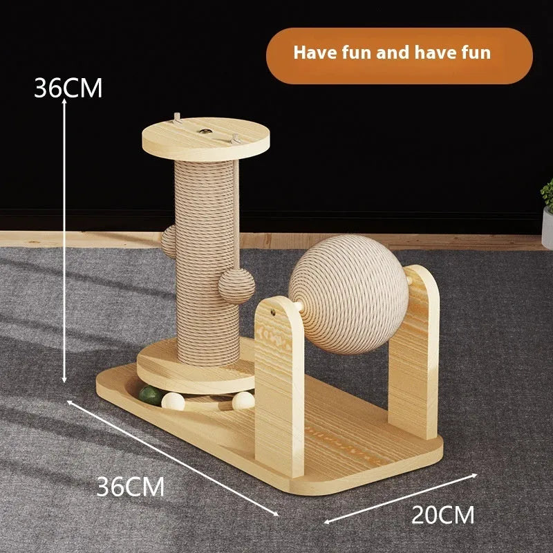 Solid wood cat scratch board with a rotating centre turntable and a stuffed ball in a cat suit design.