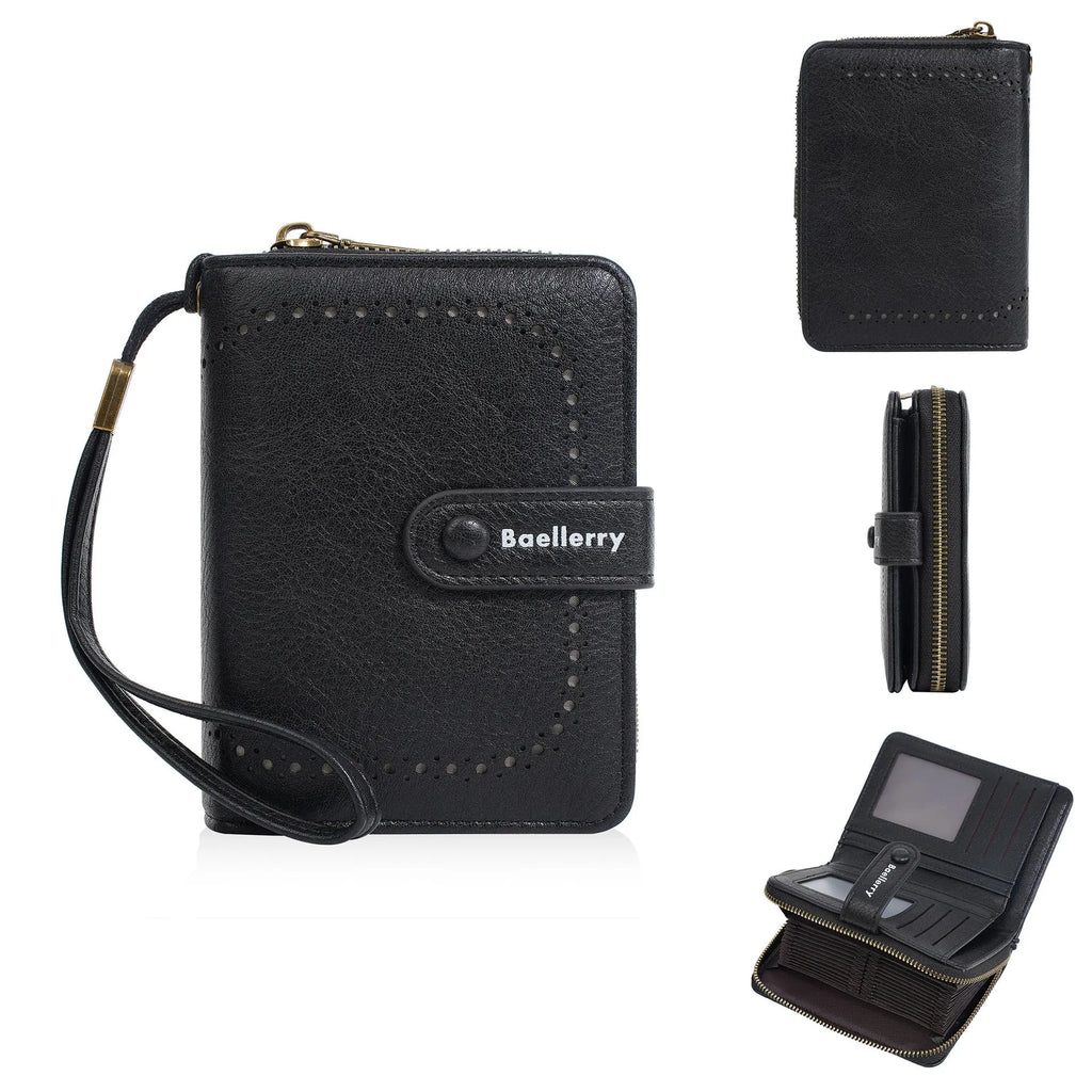 Women's black PU leather zipper coin purse with integrated card holder