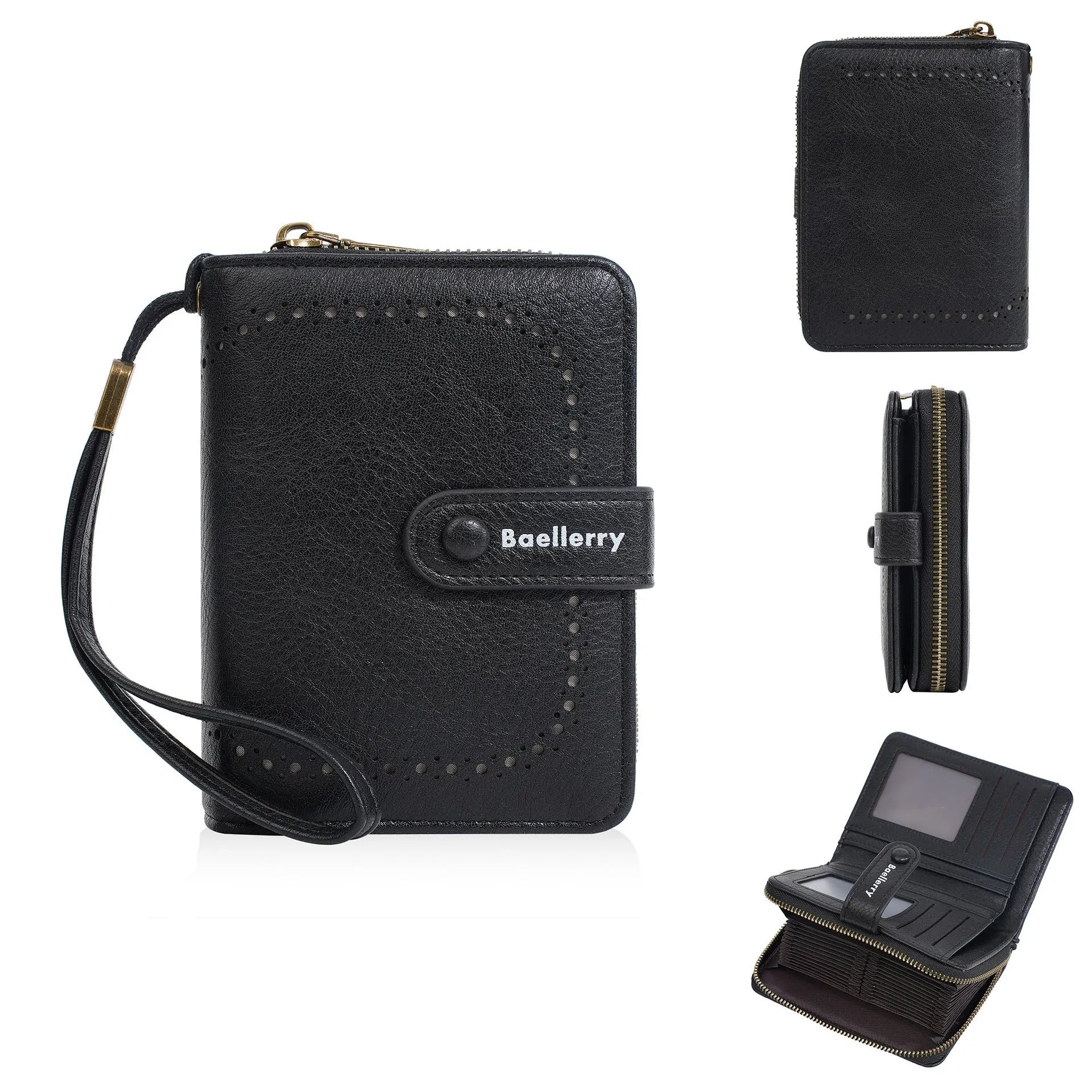 Women's black PU leather zipper coin purse with integrated card holder