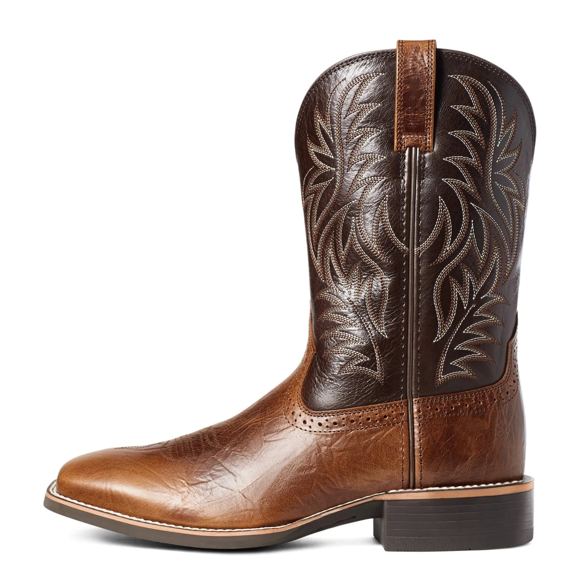 Men's black Western cowboy boots with embroidered detailing and square toe design