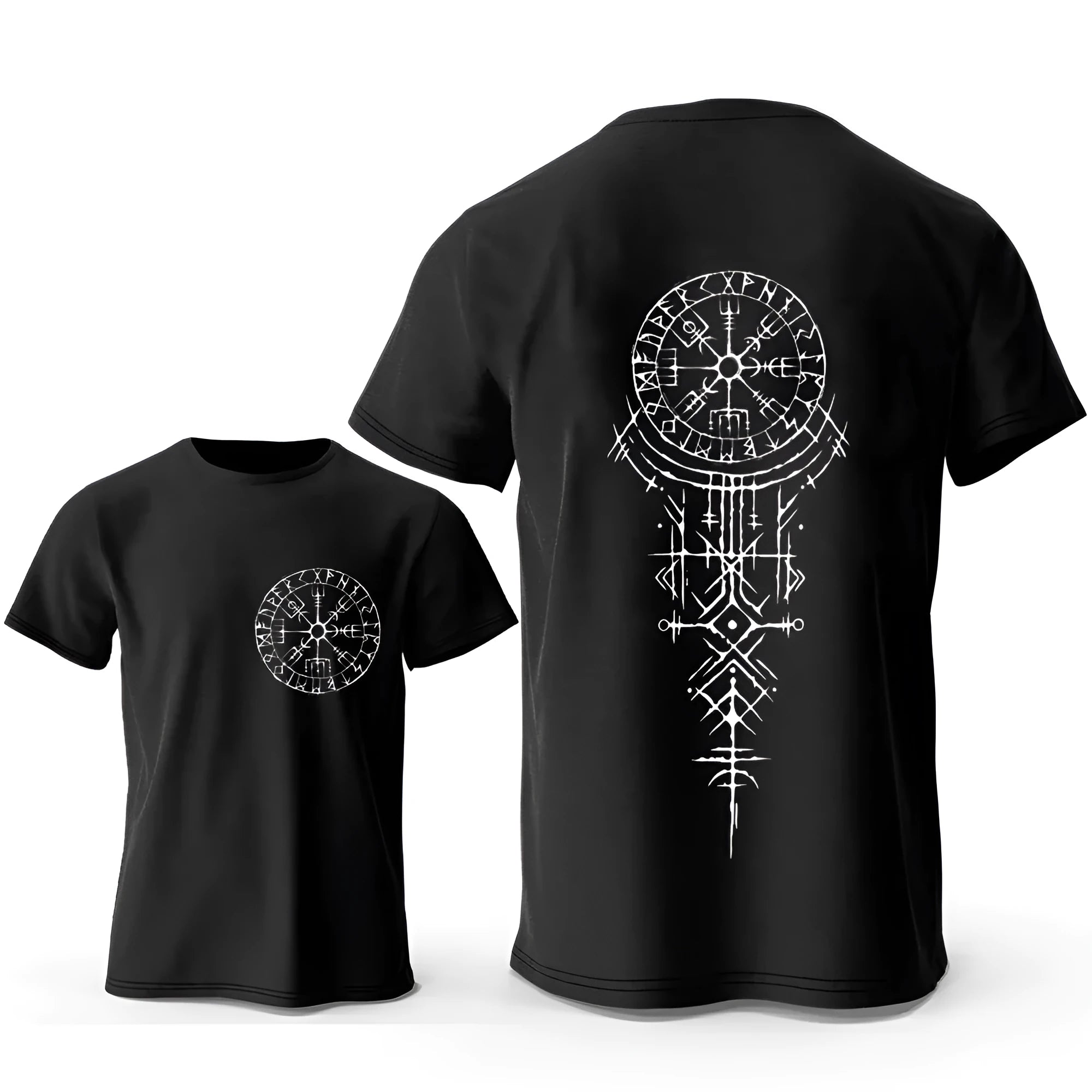 Viking rune compass graphic printed on a men's pure cotton t-shirt.