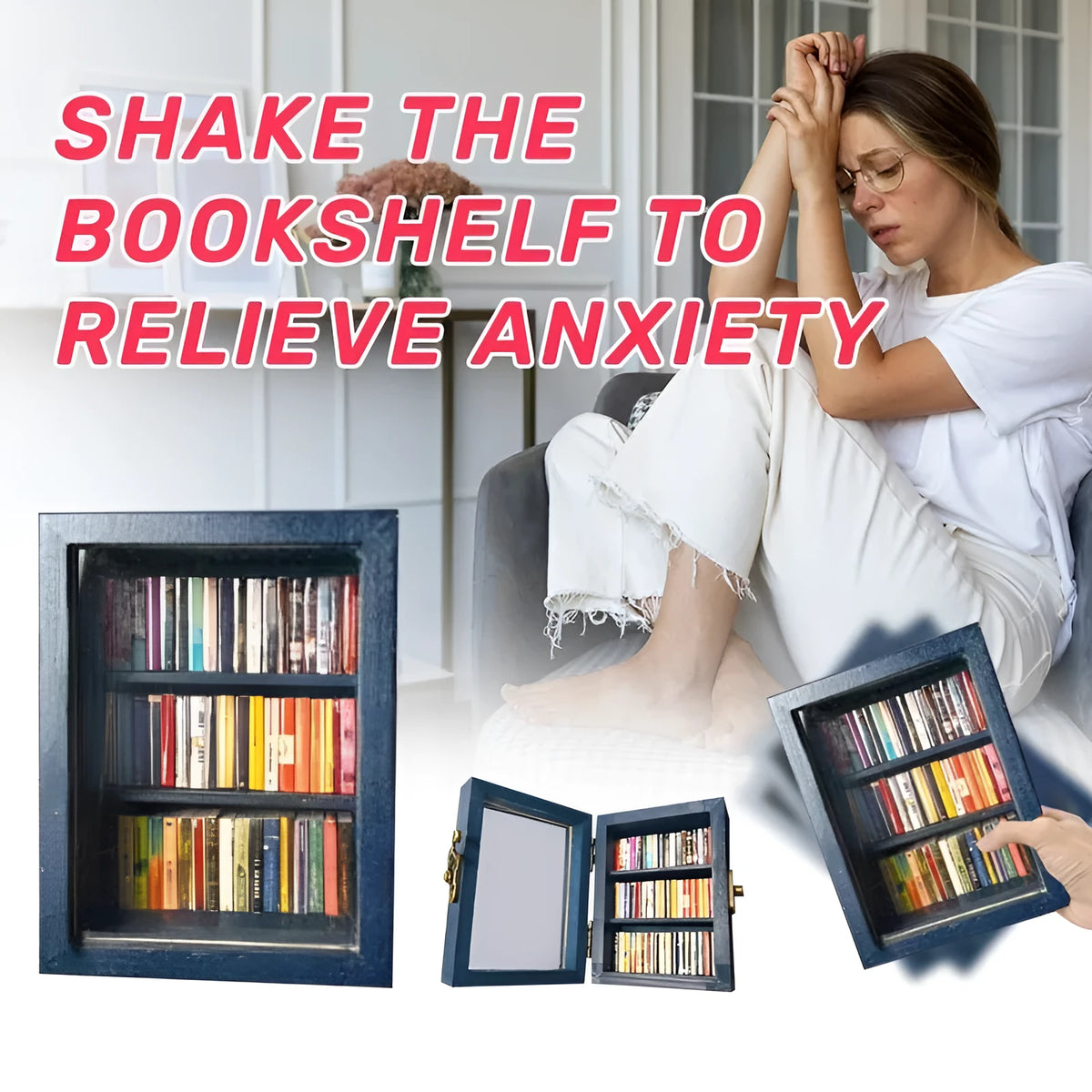 Mini wooden bookshelf with 60 mini books, 10x8x5cm, on a desk as stress relief decor