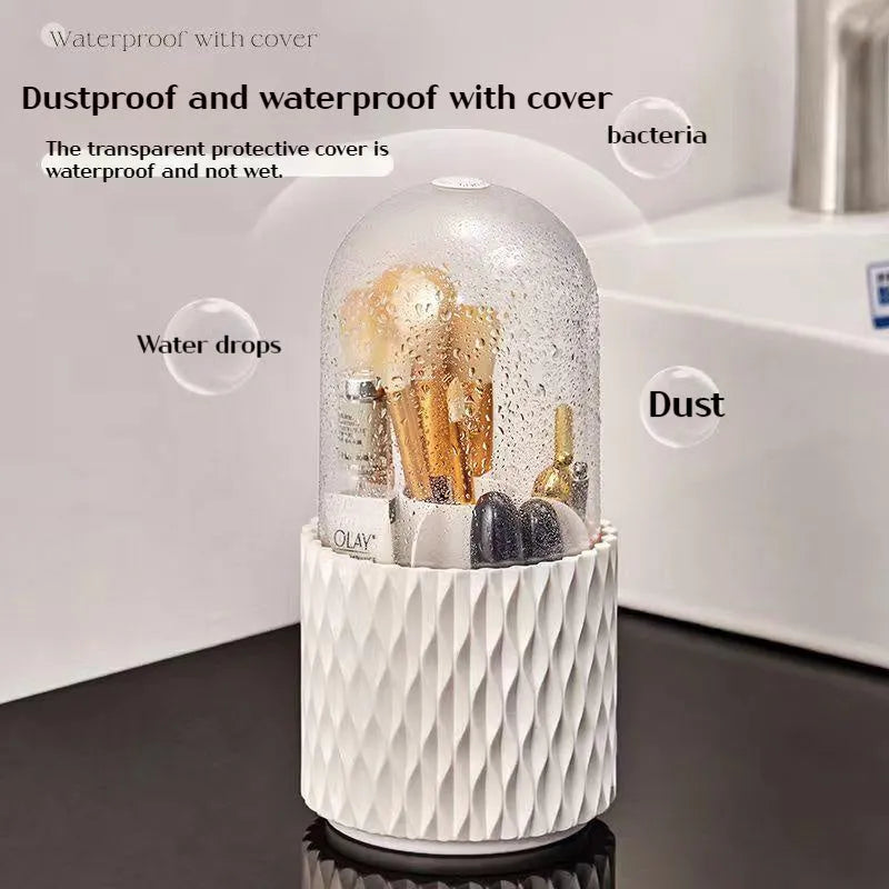 White acrylic makeup brush holder with transparent cover and rotating base for desktop storage