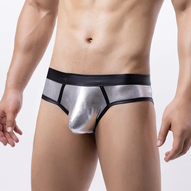 Men's gold patent leather-look bikini swim briefs with low-rise waist