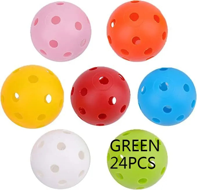24 multi-colour 42mm golf practice balls in red, orange, blue, green, white, yellow stored in mesh net bag