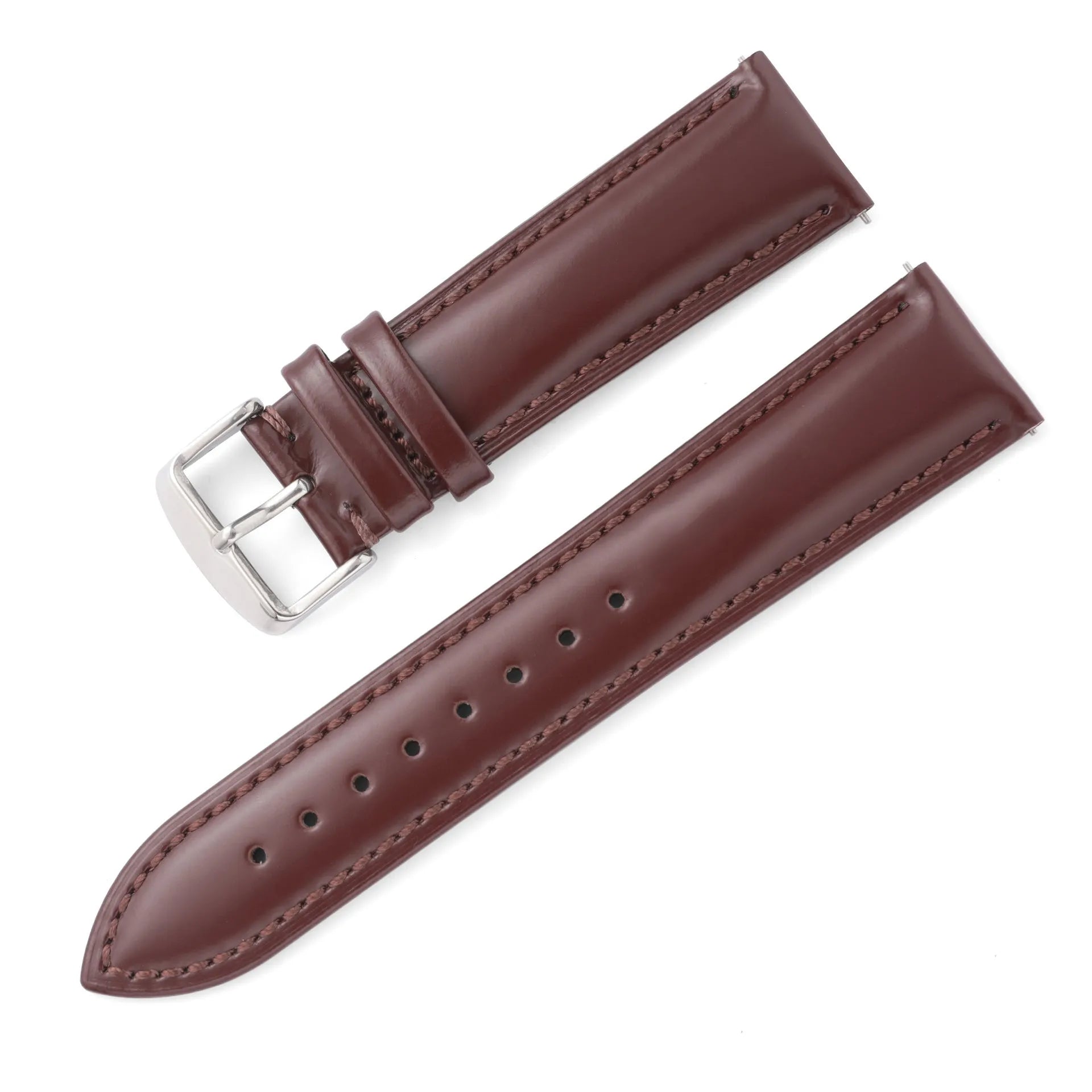 Quick release leather watch strap in bright cowhide, showing colour options and width sizes from 18mm to 22mm.
