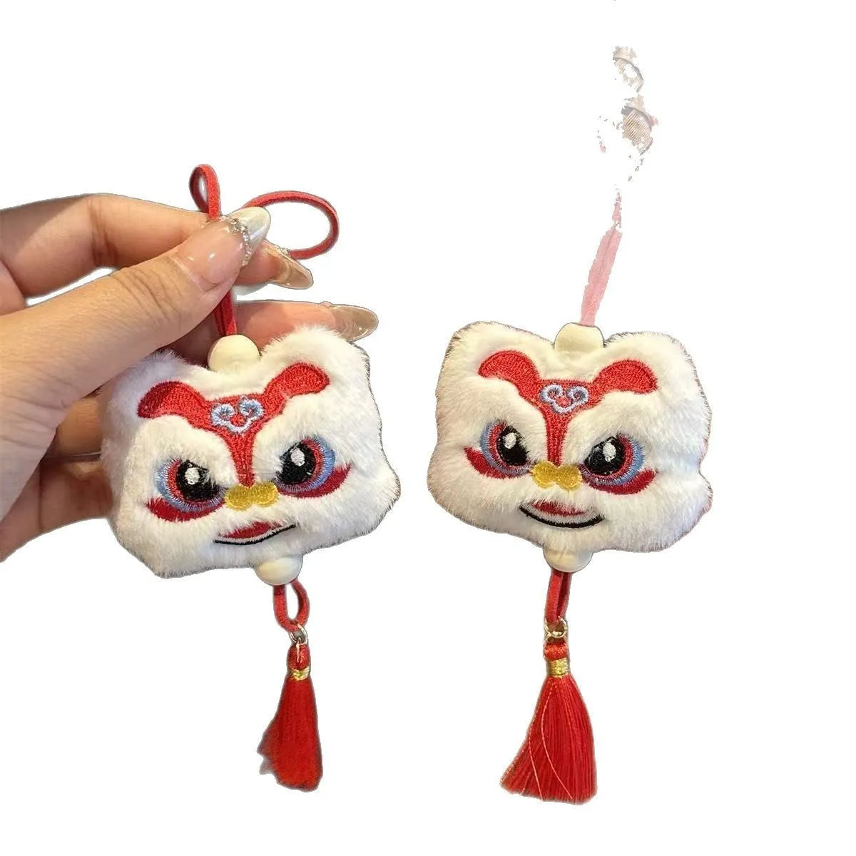 Blue and yellow Chinese style plush lion keychain ornament with tassels and star stone decoration