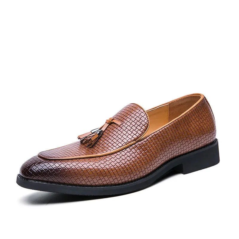Men's black slip on loafers with pointed toe and tassel detail on PU leather upper