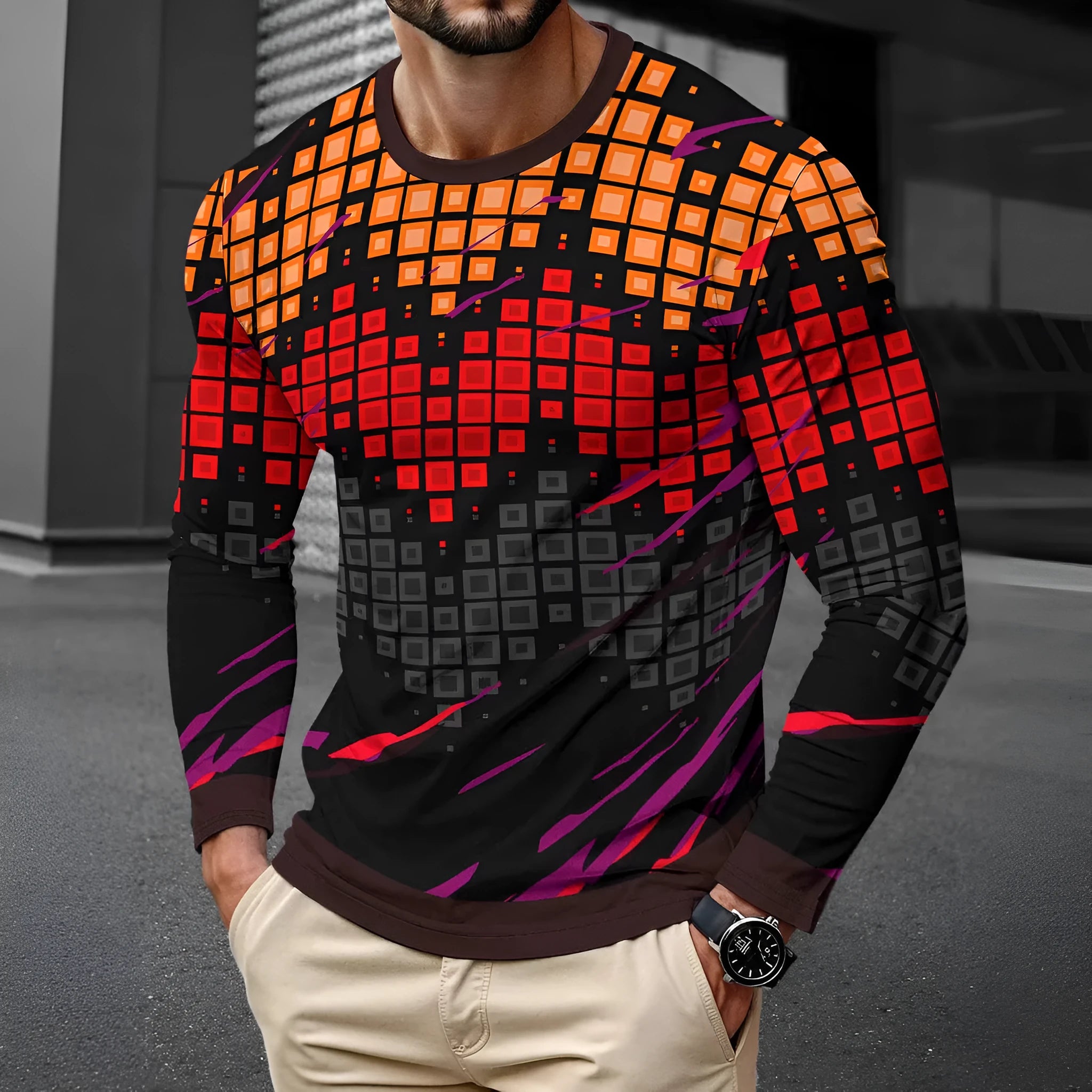 Men's long sleeve round neck milk silk pullover jumper on a hanger, multiple colour options available.