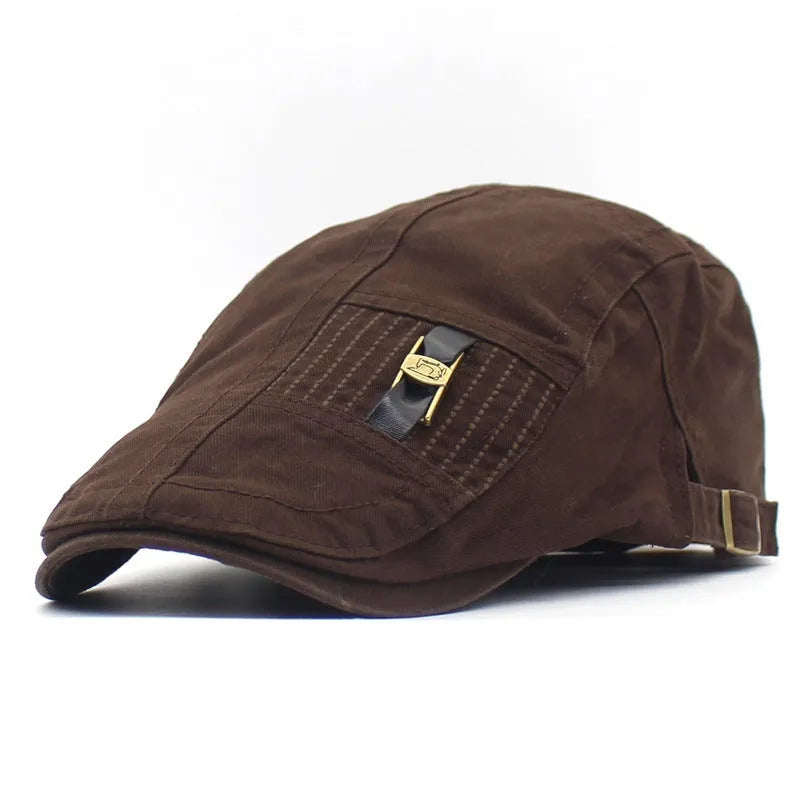 Retro peaked cap with adjustable leather strap and jeans button fastening flat top crown embroidery detail available in green khaki black brown gray navy blue