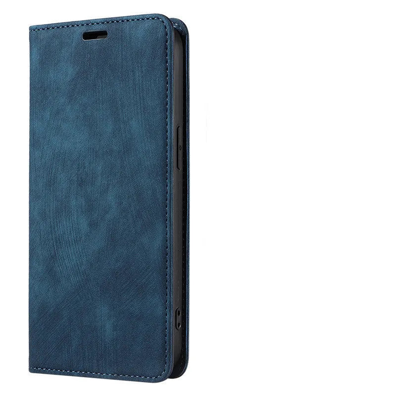 Magnetic flip phone case for iPhone in a solid colour, showing TPU frame and leather cover.