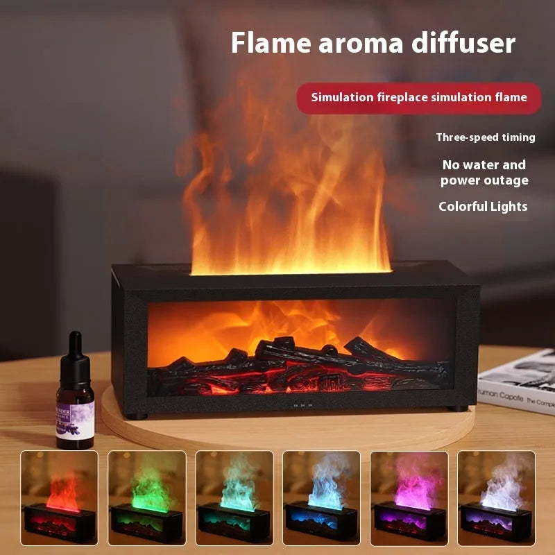 Square desktop flame effect essential oil diffuser with coloured mood lighting and remote control.