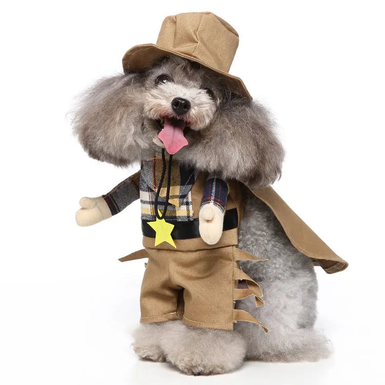 Three-piece dog costume in polyester fabric, standing outfit with hat, clothes and cloak, size S to XL