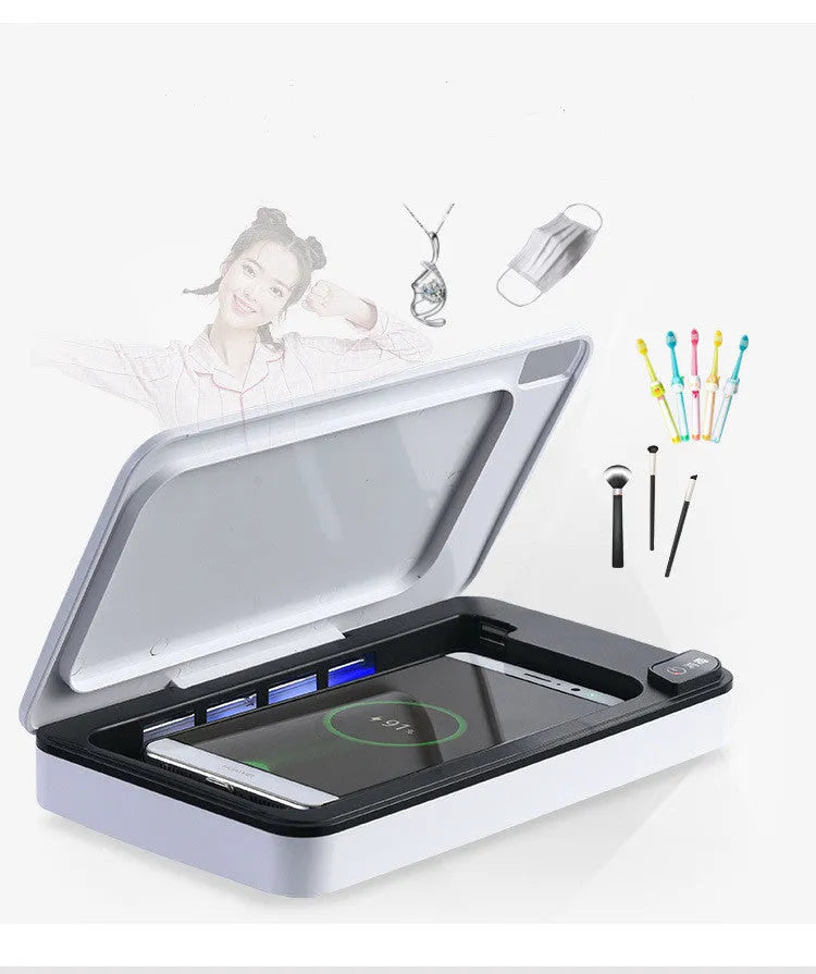 White multifunctional wireless charger with UV sterilisation and remote control on table