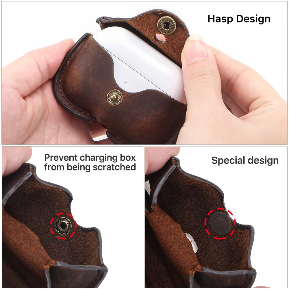 Brown leather AirPods Pro clamshell case with crazy horse pattern texture