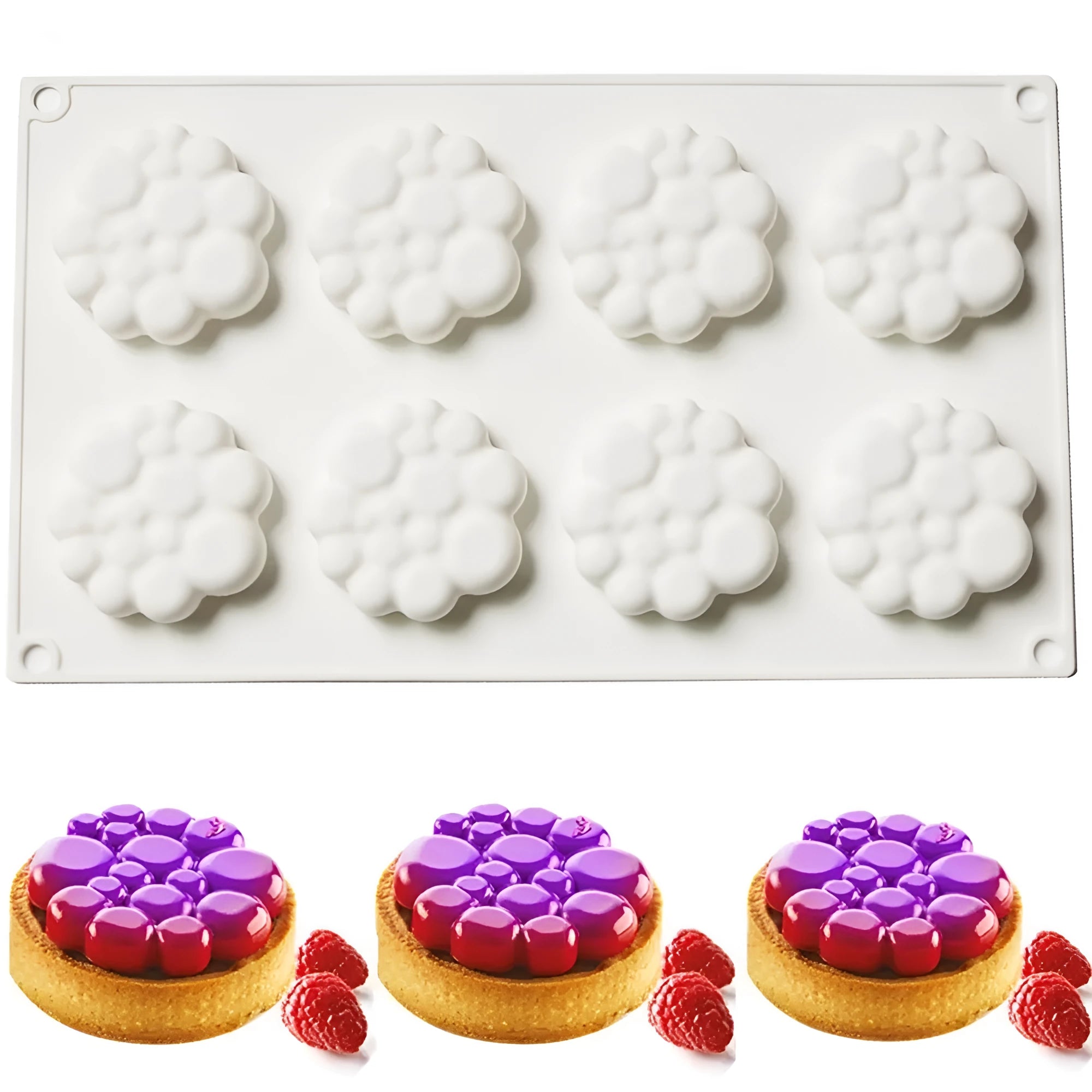 Round silicone cake mould with 8 raised bubble towers for tiered desserts.