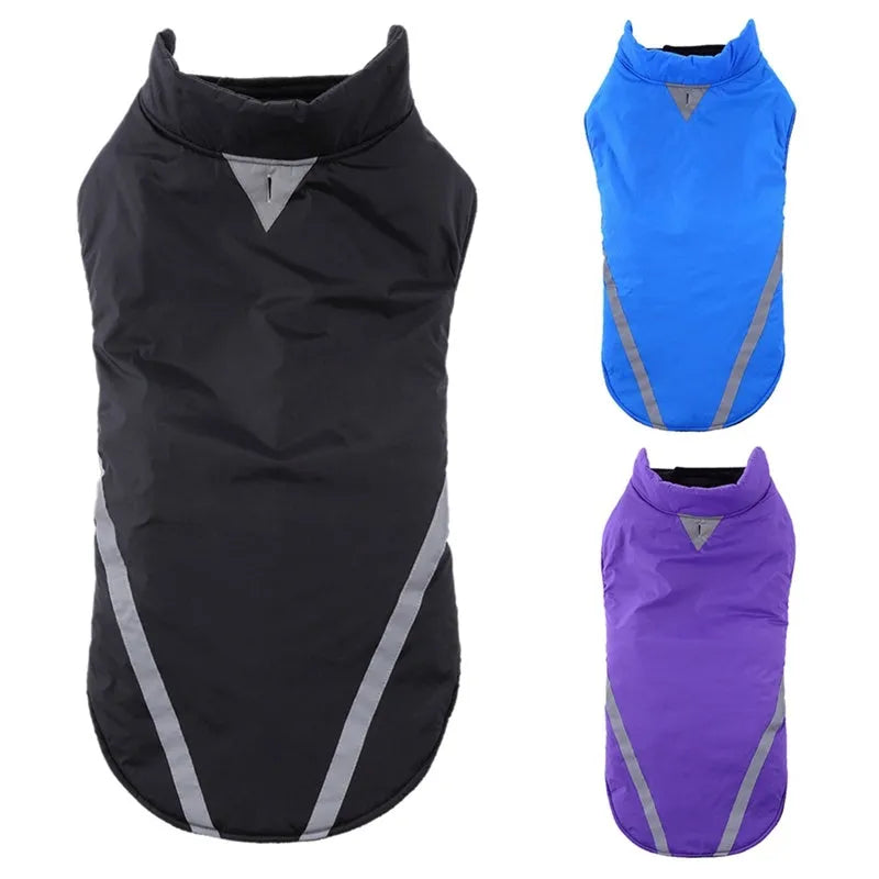 Cotton dog jacket for large dogs, two-legged design, shown in black with size chart