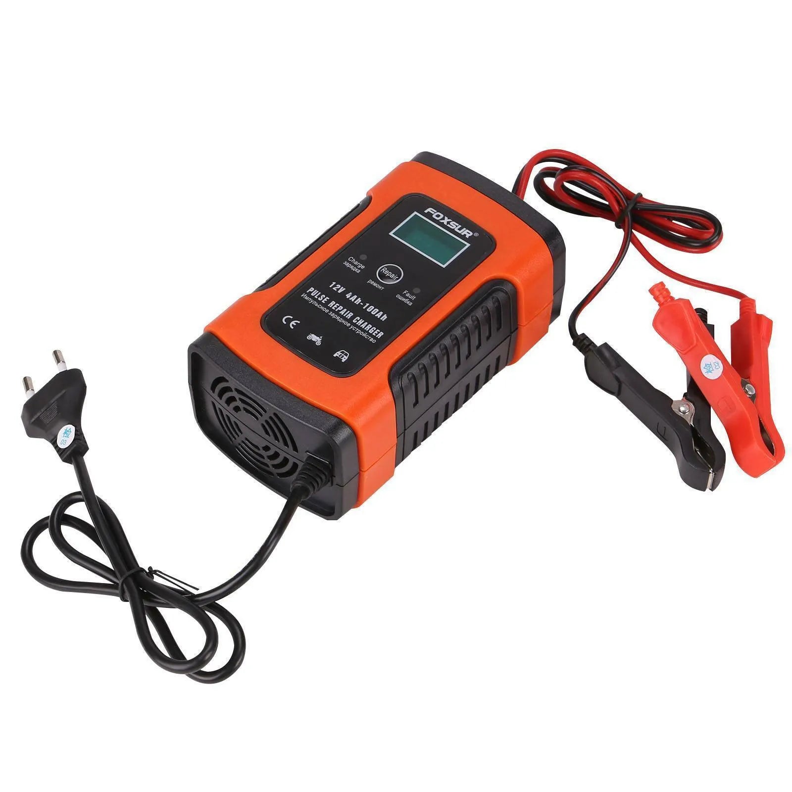 Fully automatic 12V car and motorcycle battery charger with 3-stage charging and microprocessor control, compact size 150×85×60mm