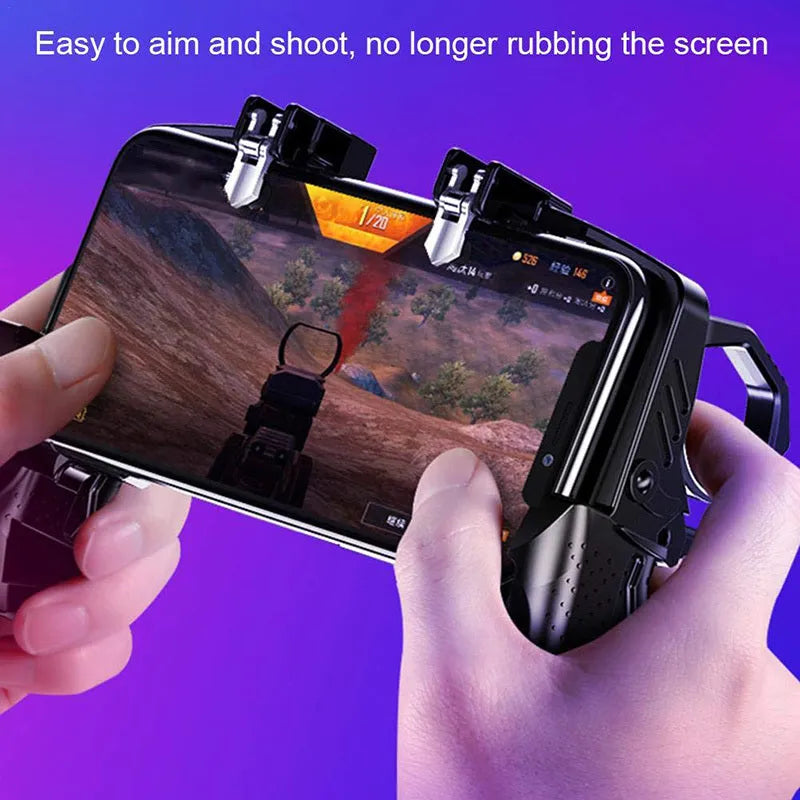 Black multi-function gamepad for mobile phones showing controller, trigger and integrated phone holder