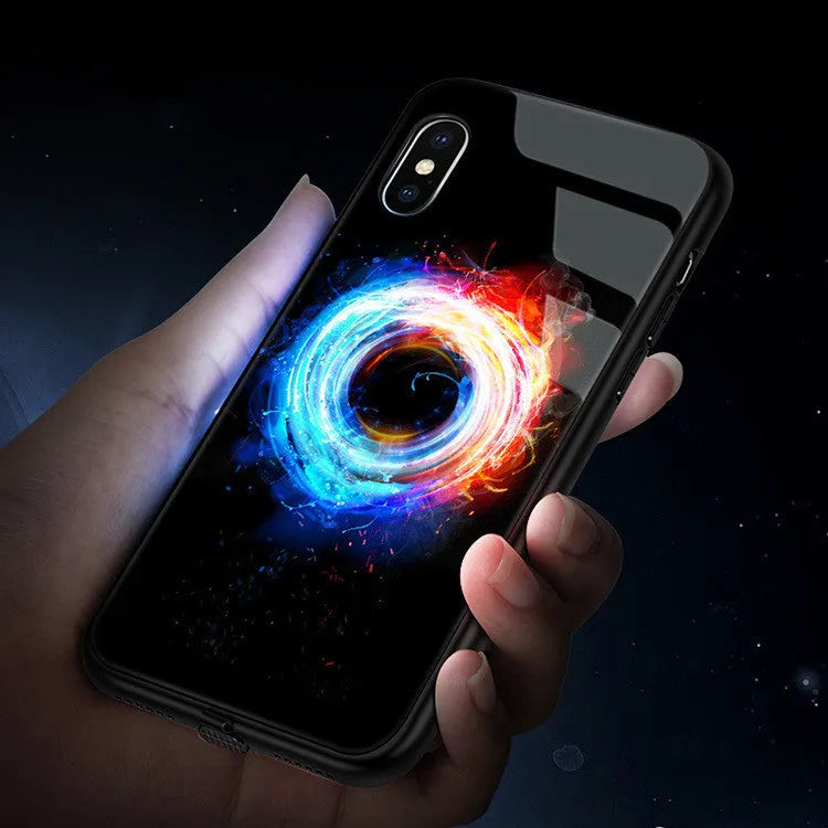iPhone case with tempered glass back showing cool lightning design and integrated LED light flash