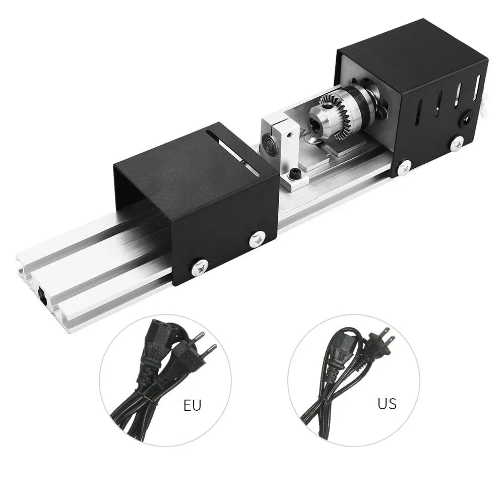 Mini woodworking lathe manual benchtop silver metal construction 320x70x70mm with carving knives