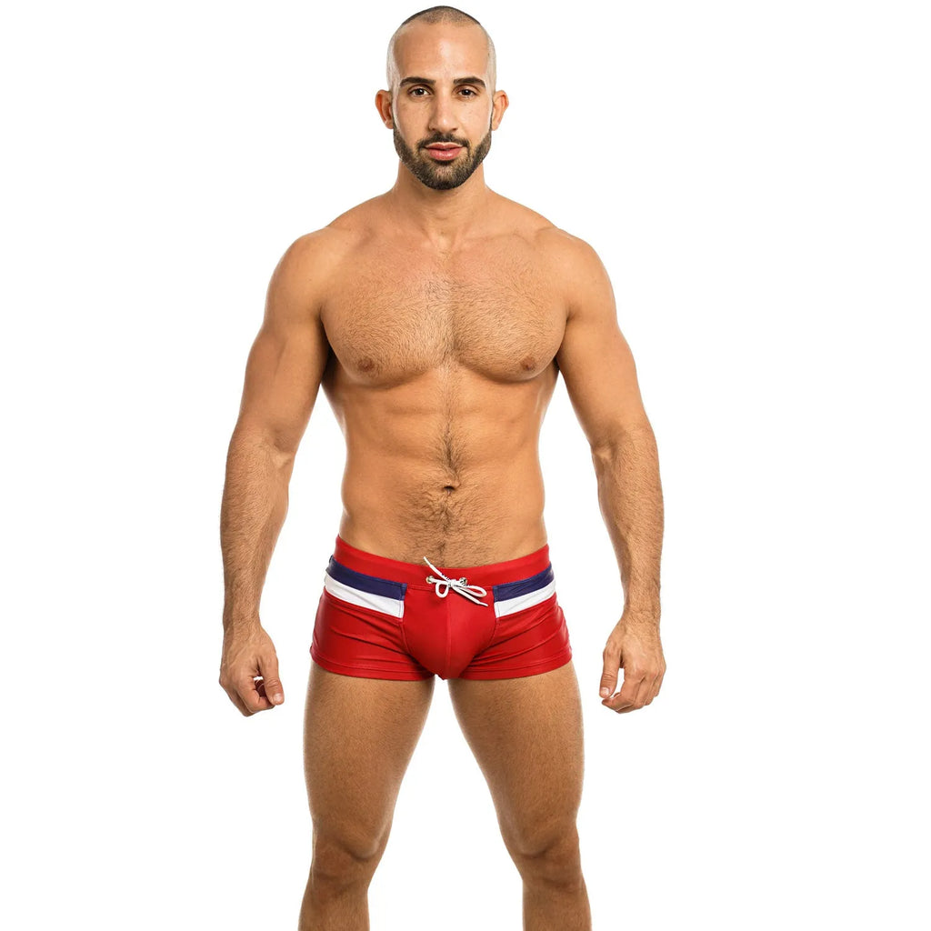 Red men's nylon polyester boxer shorts with elastic waistband, available in six sizes S to XXL