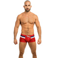 Red men's nylon polyester boxer shorts with elastic waistband, available in six sizes S to XXL
