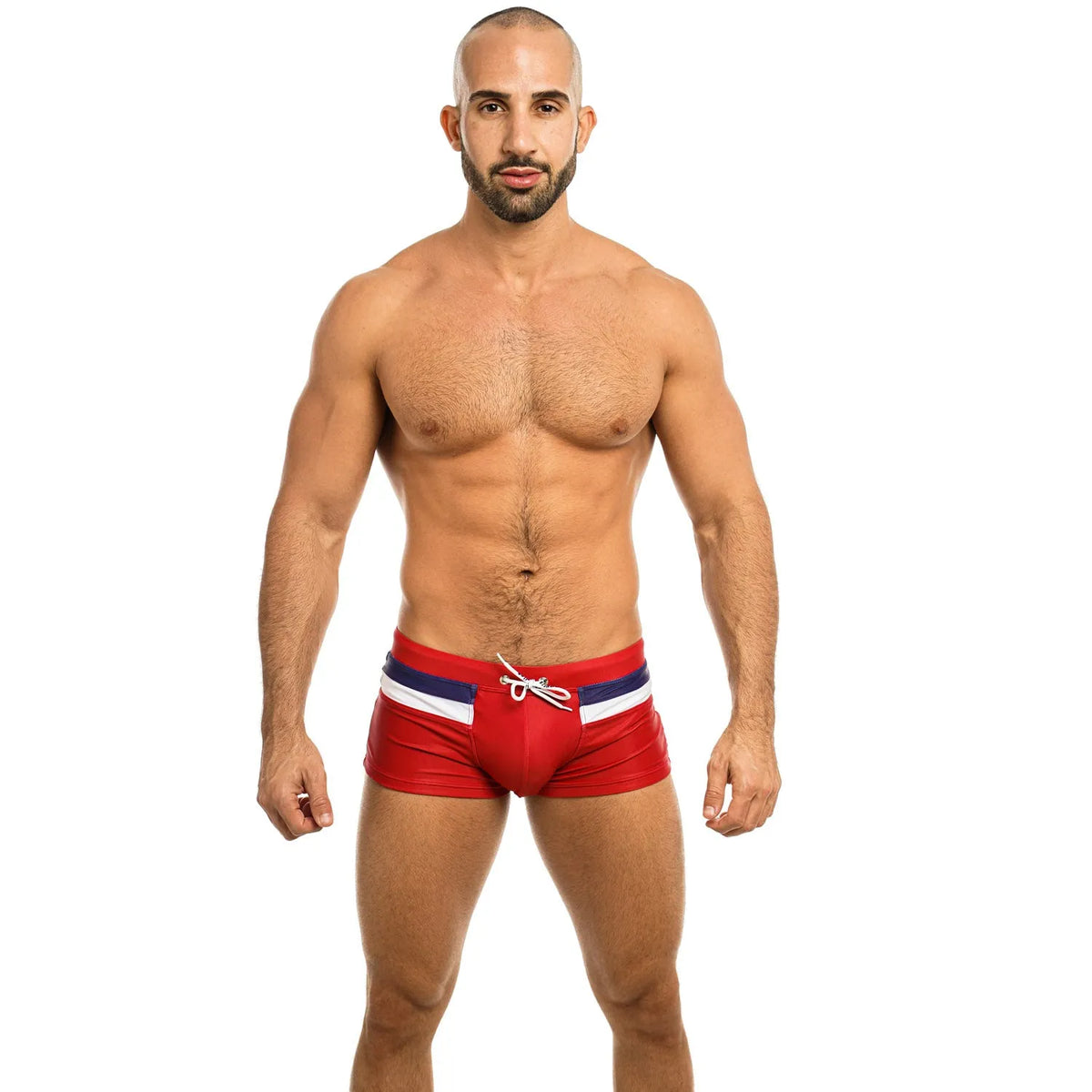 Red men's nylon polyester boxer shorts with elastic waistband, available in six sizes S to XXL