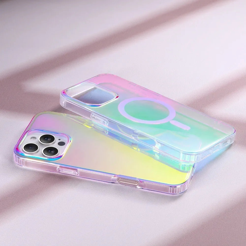 Glossy transparent magnetic iPhone case with chameleon colour-shift design on a smartphone.