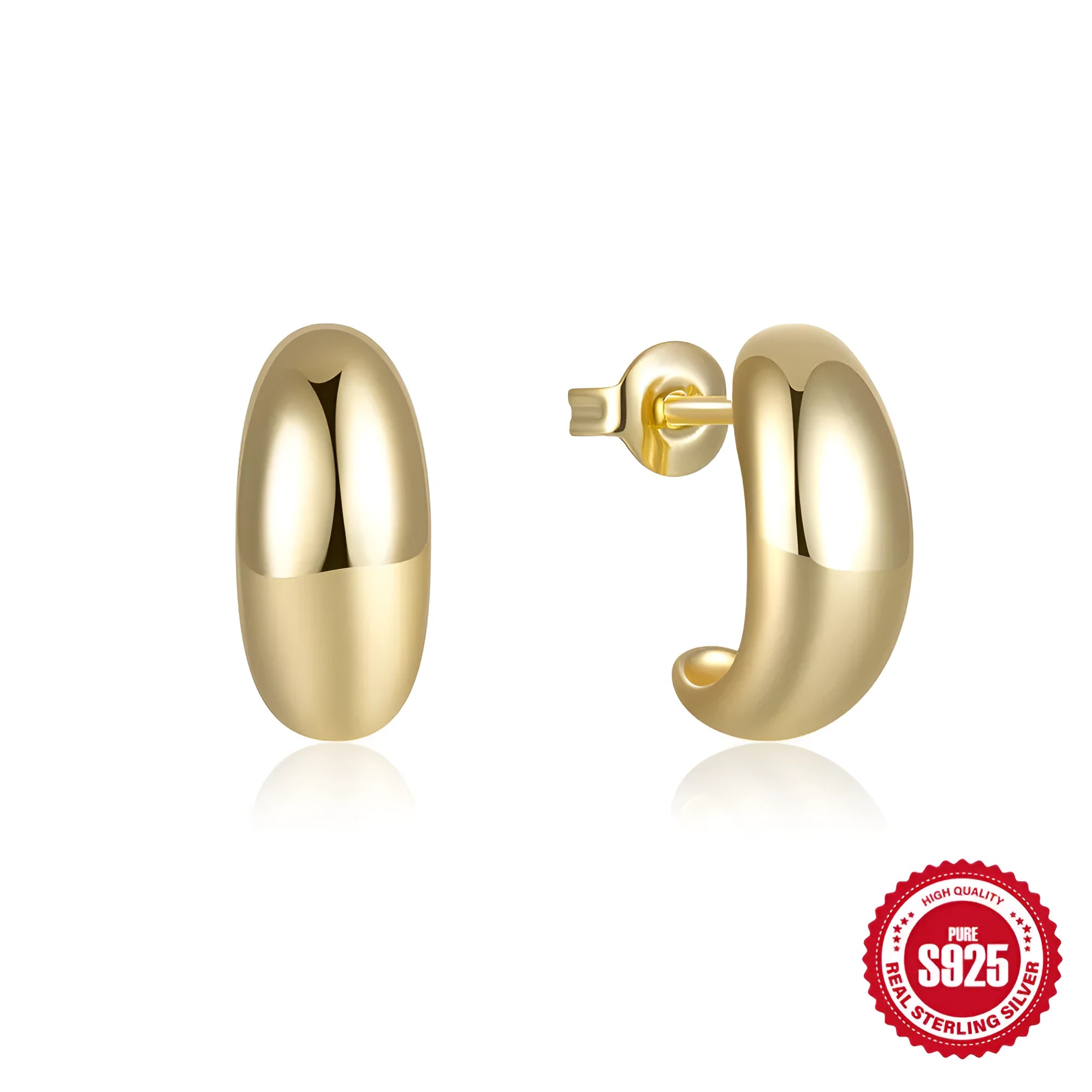 925 sterling silver C-shaped geometric stud earrings with glossy gold electroplated finish