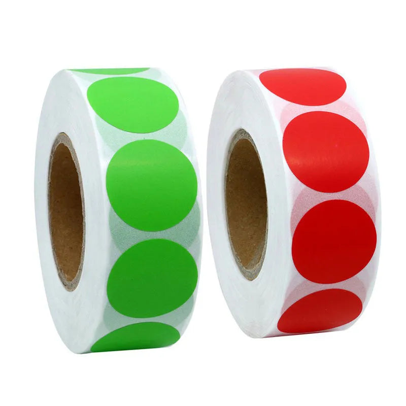Chroma colour code point label stickers roll showing 2.5cm round labels in multiple colours with permanent glue