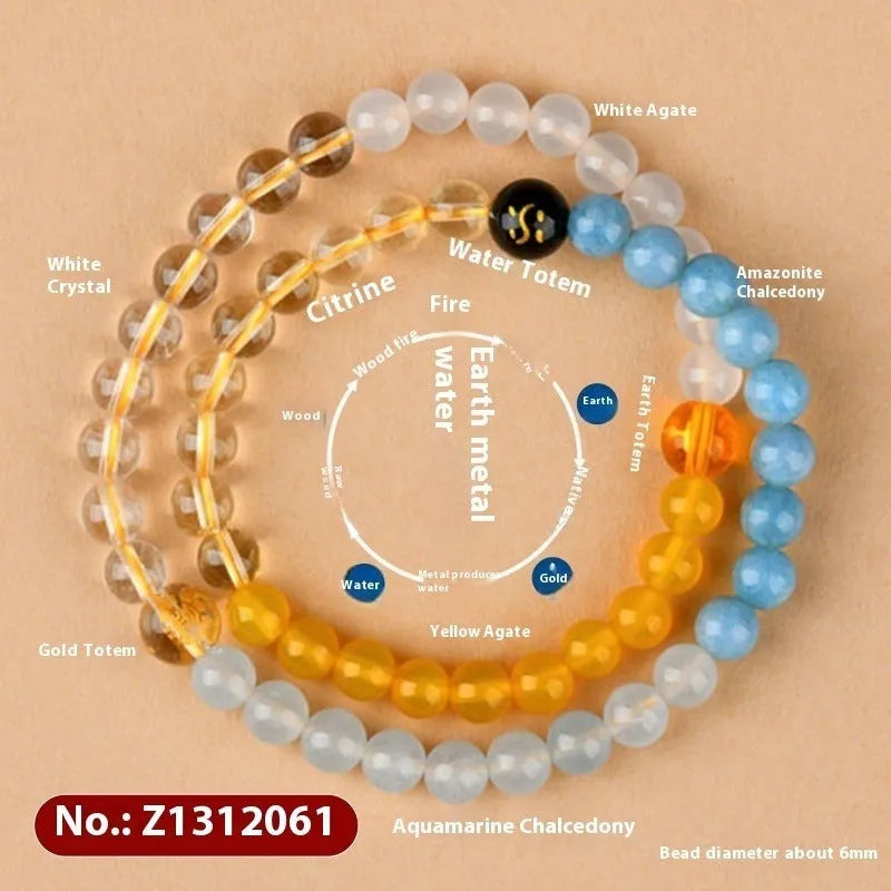 Handmade women's crystal double ring bracelet in five elements colours on a wrist.