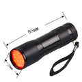 Black aluminium Smart Vein Locator device with red LED lights on, showing compact size.