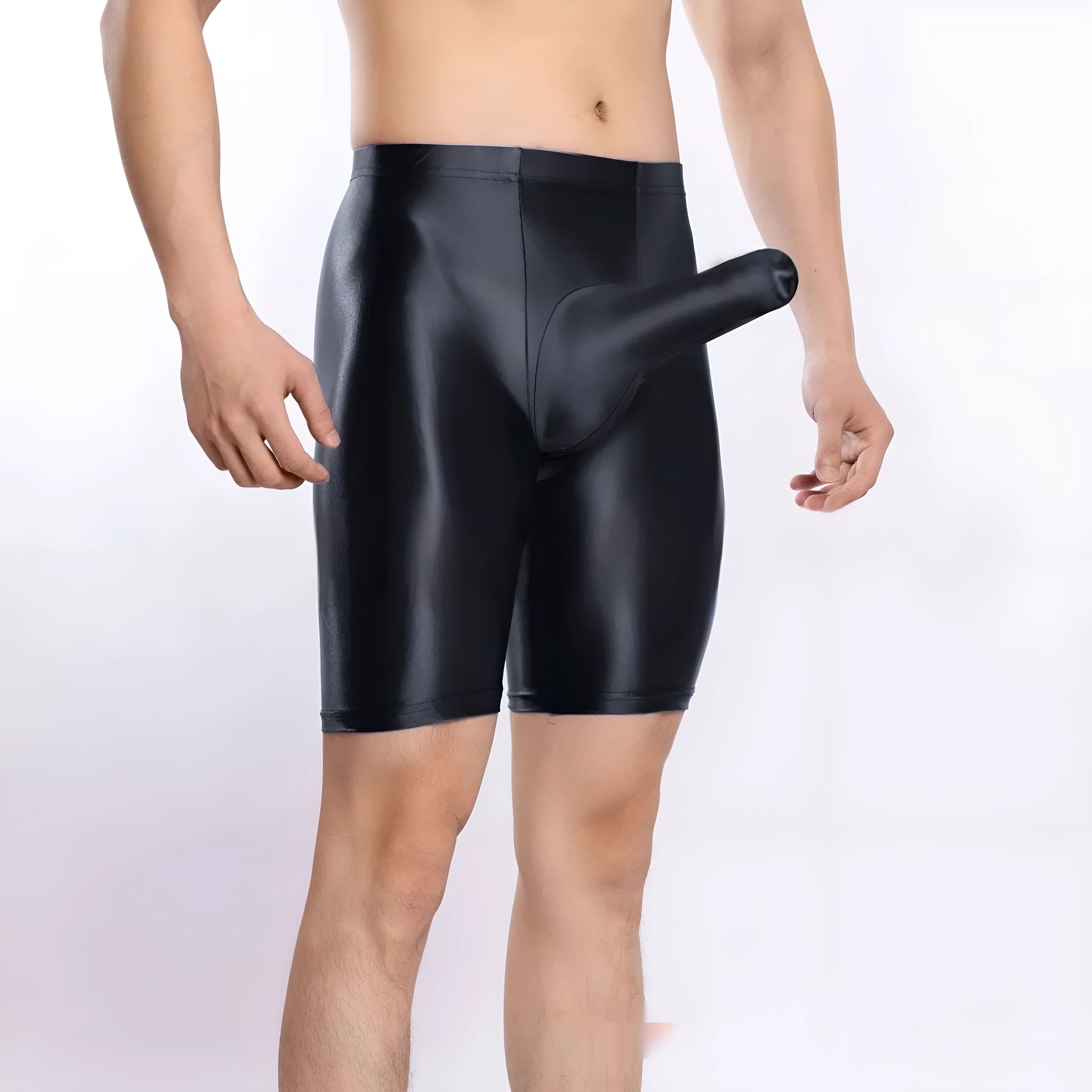 Plus size shiny nylon sports shorts for men in multiple colours on a size chart.