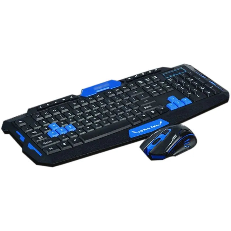 Black and blue wireless keyboard and mouse set with ergonomic design on a desk