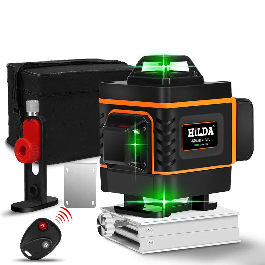 Rotating laser level projecting 16 orange laser lines with wall sticker mount and USB charging port