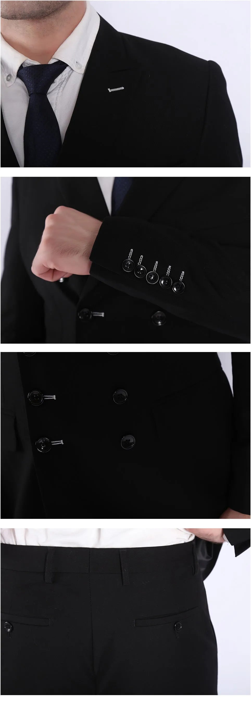 Men's professional business suit set in chemical fibre blended fabric, available in black dark grey navy blue, Asian sizes S to 4XL