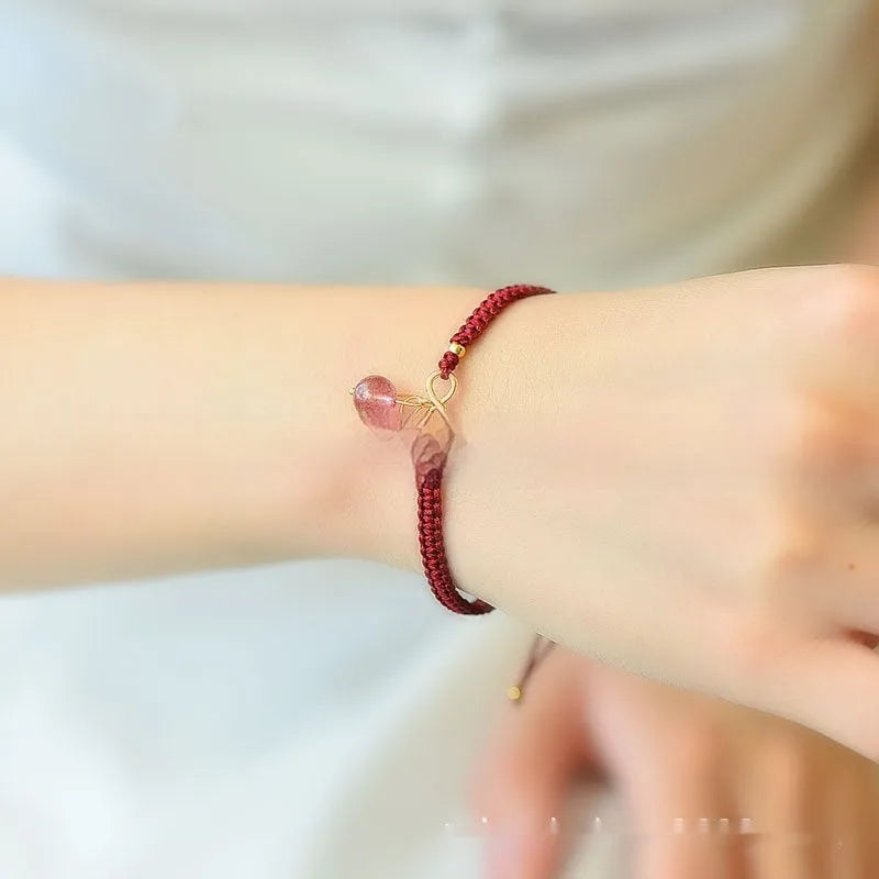 Natural strawberry quartz cherry bracelet for women with adjustable wristband