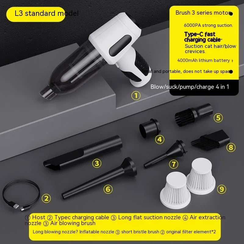 Black cordless handheld car vacuum cleaner with attached brush nozzle and charging cable.