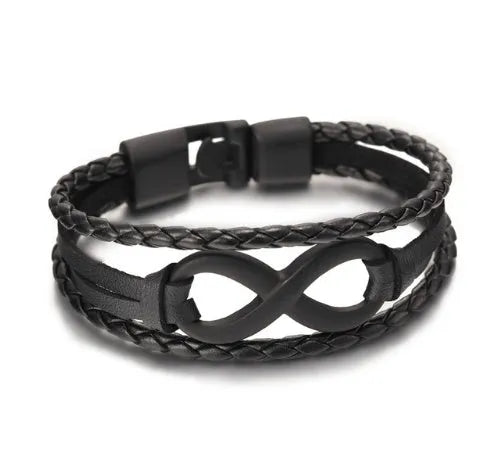 Unisex leather figure 8 bracelet in black and brown colours, geometric shape, individually packed