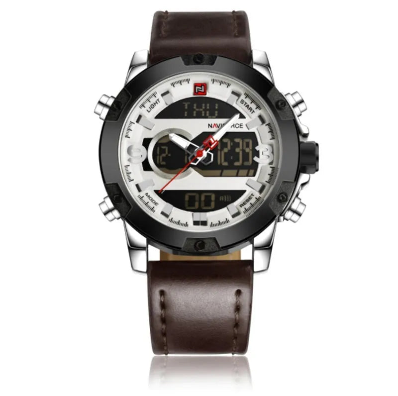 Men's leather digital army military watch with 46.5mm round dial, alloy case, and pin buckle closure