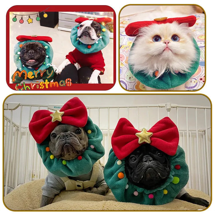Green Christmas pet bow-knot collar with colourful fuzzy balls on a cat or dog for festive photo props
