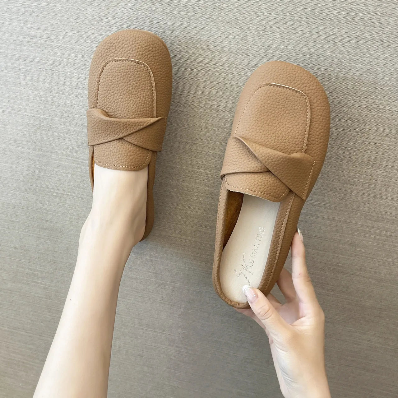 Closed toe loafers half slippers for women, soft bottom heel, square toe, PU upper, beige colour, side view