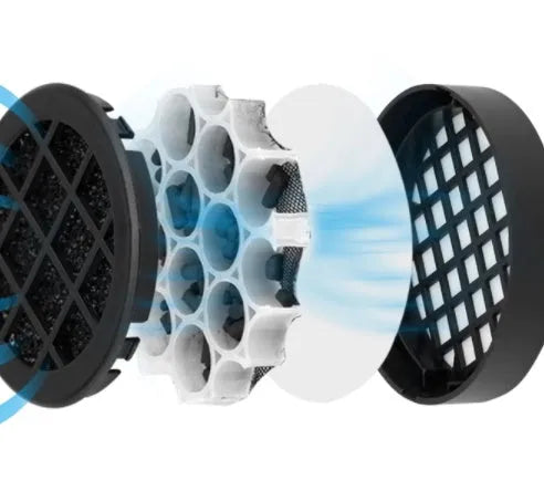 USB negative ion car air purifier in grey, compact 75x75x165mm size on a desk