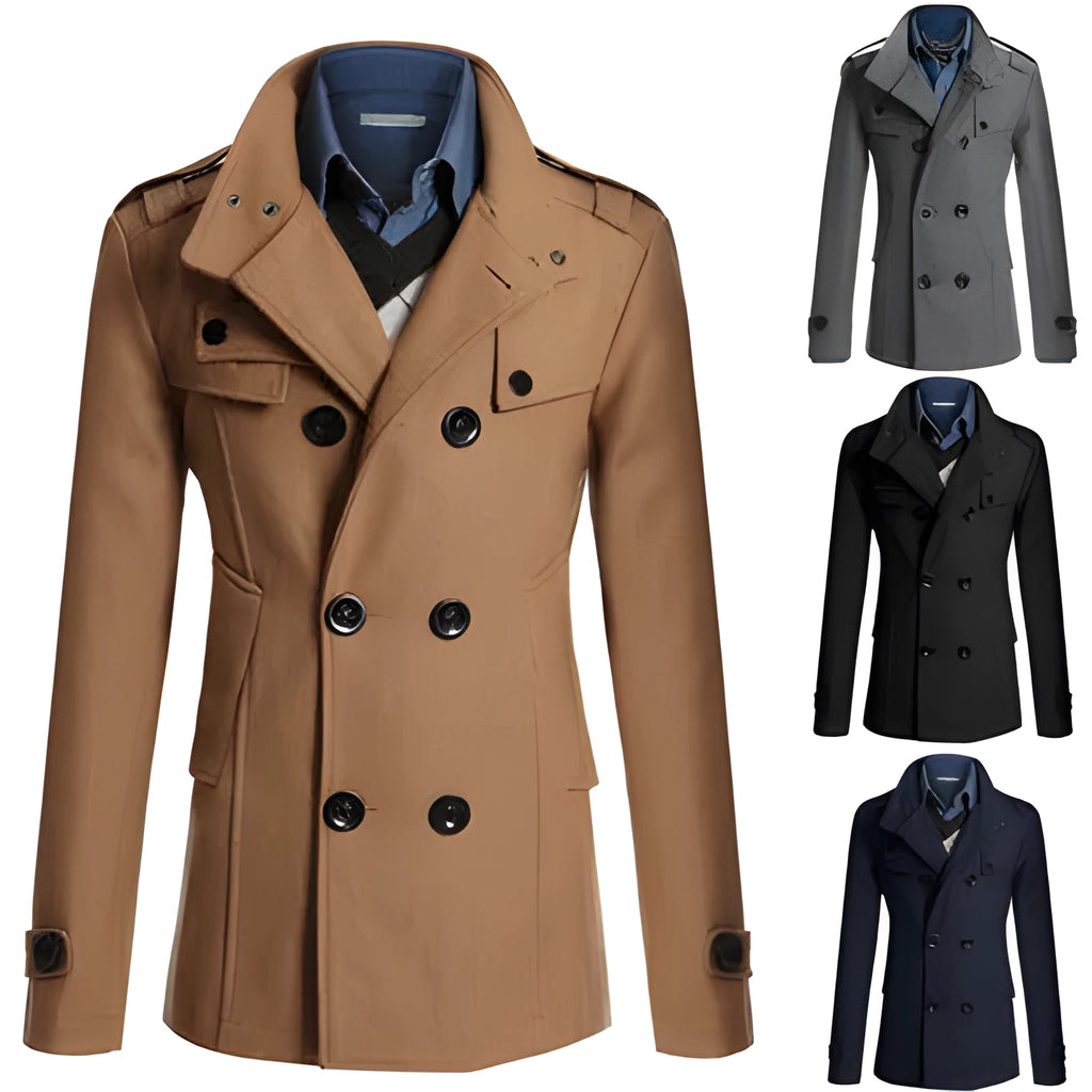 Men's cotton blend woolen trench coat in khaki, long length, front view