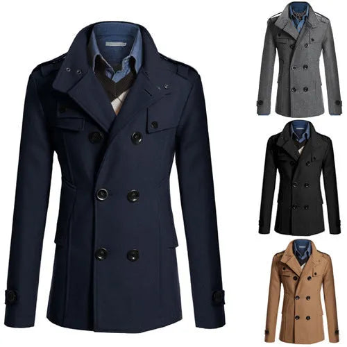 Men's cotton blend woolen trench coat in khaki, long length, front view