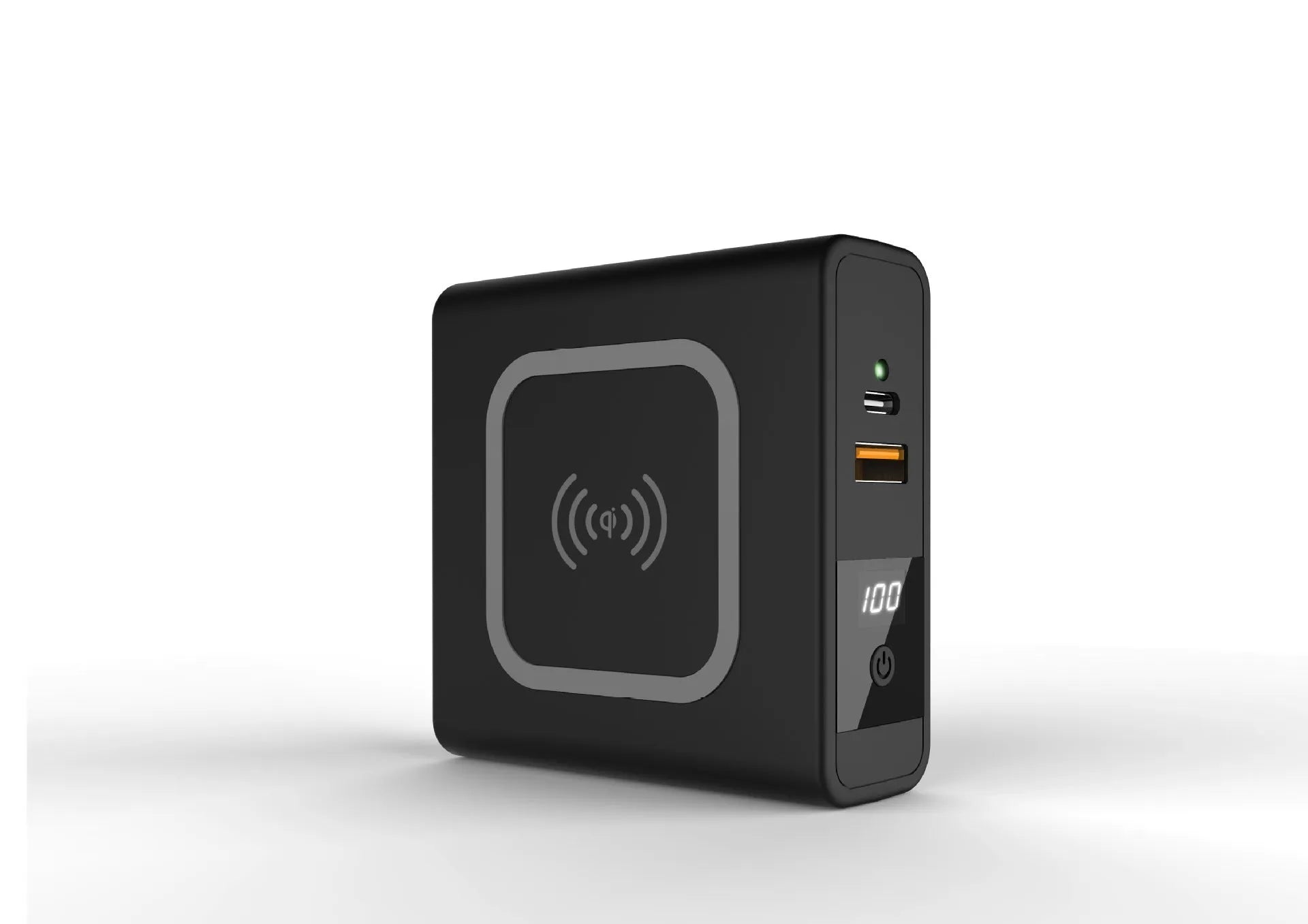 Super QI PD20W fast power bank in black with international travel plug attachments