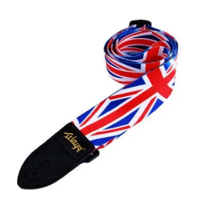 Printed cloth guitar shoulder strap showing eight design options including national flag and lightning patterns